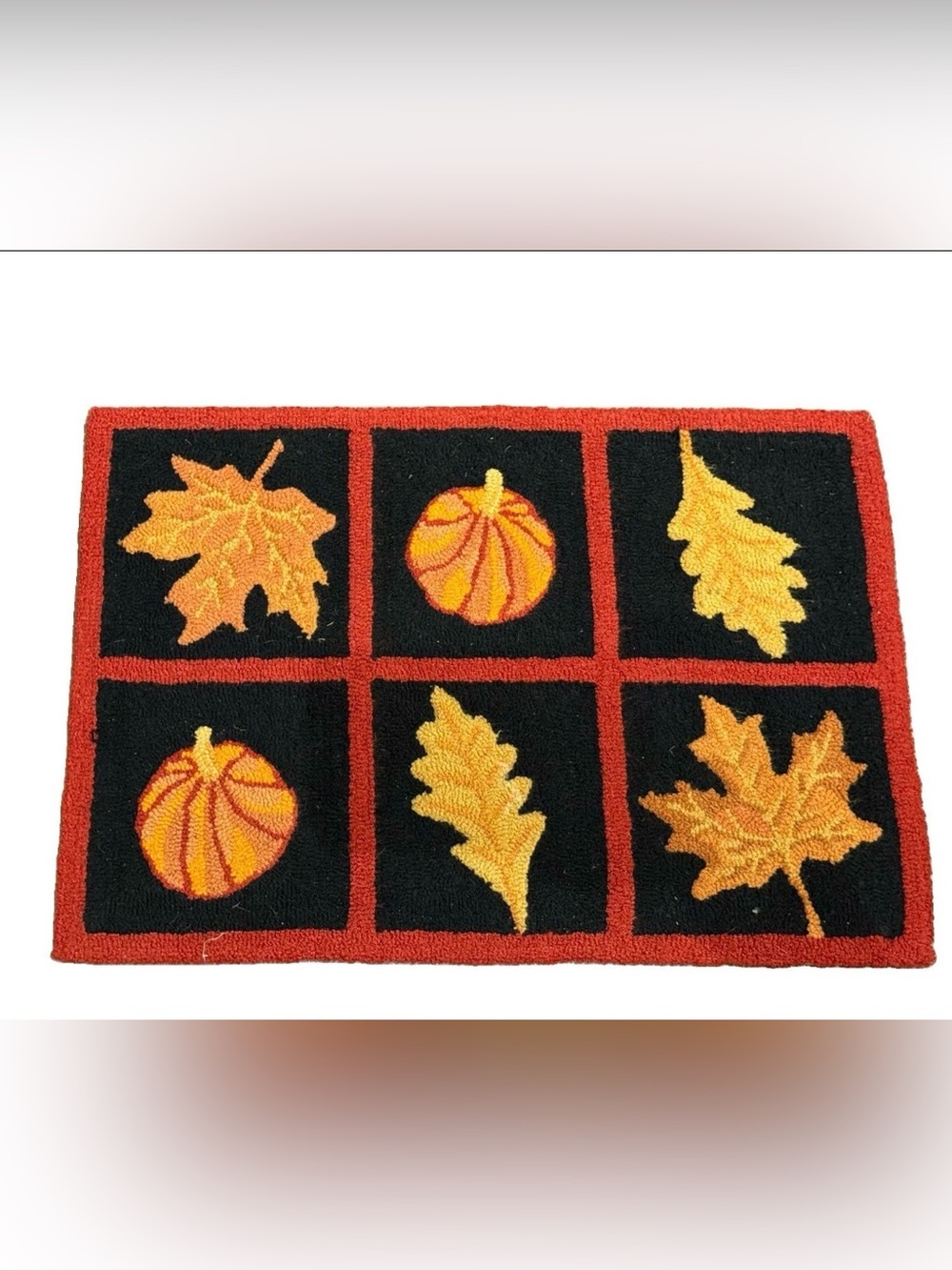 Fall Pumpkin & Leaves Accent Rug | Autumn Harvest Hooked Rug | 24” x 30”